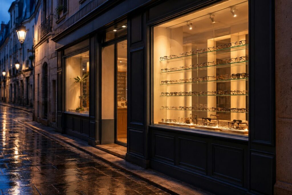 Optique à l’heure bleue — Montures éclairées derrière la vitrine