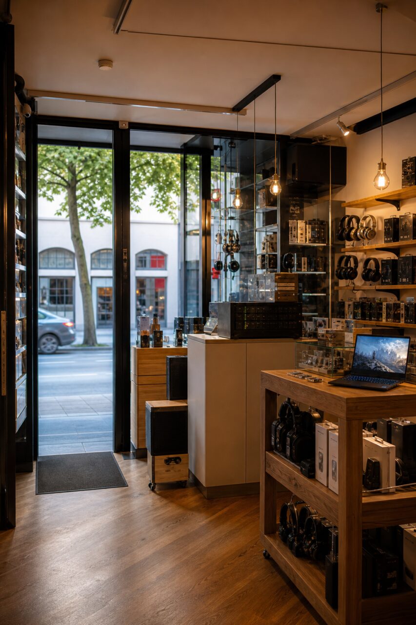 Ordinateur portable gaming près de l’entrée vitrée d’une boutique d’électronique