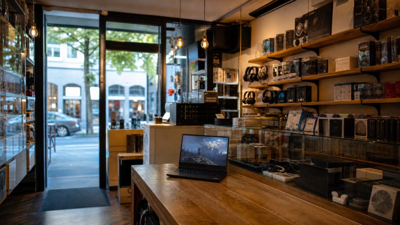 Gaming laptop placed at the centre of a table in an electronics shop