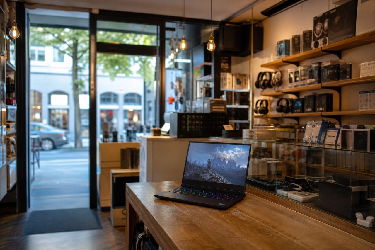 Geöffnetes Gaming-Notebook auf einem Holztisch in einem Elektronikgeschäft