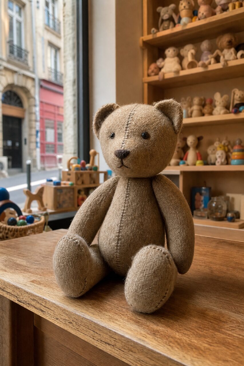Teddy bear seated in front of toy shelves