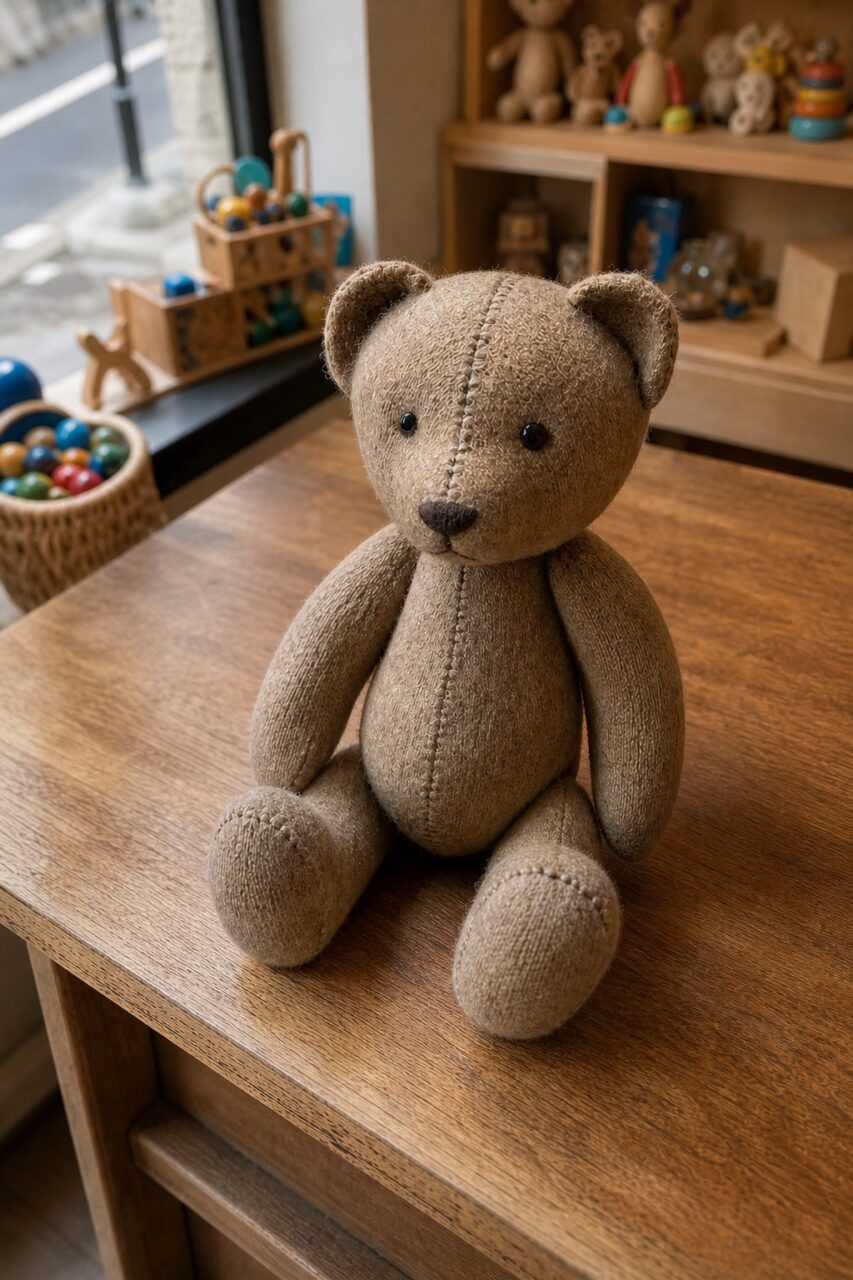 Teddy bear viewed from above on a wooden surface