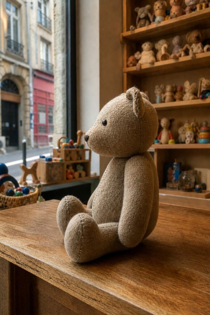 Oso de peluche de perfil frente al escaparate