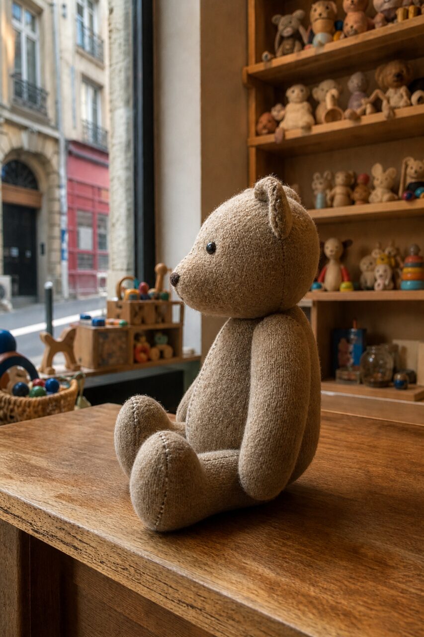 Teddybär im Profil vor dem Schaufenster