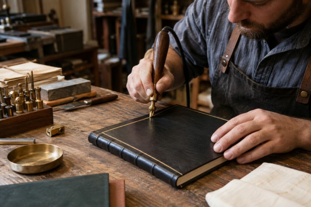 Outil en laiton sur couverture sombre dans un atelier de reliure