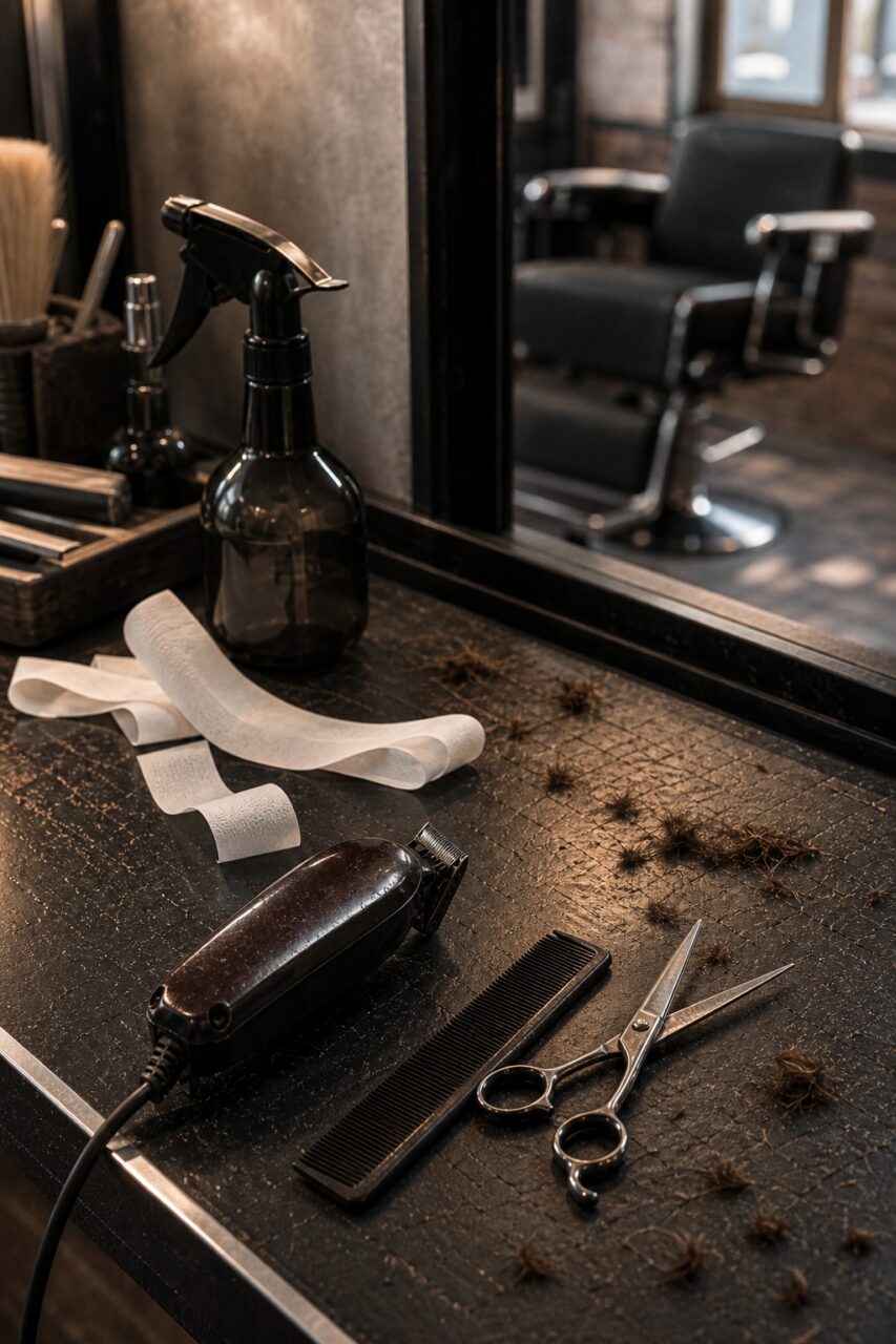 Barber tools, clippings and a spray bottle arranged on a worktop before a mirror