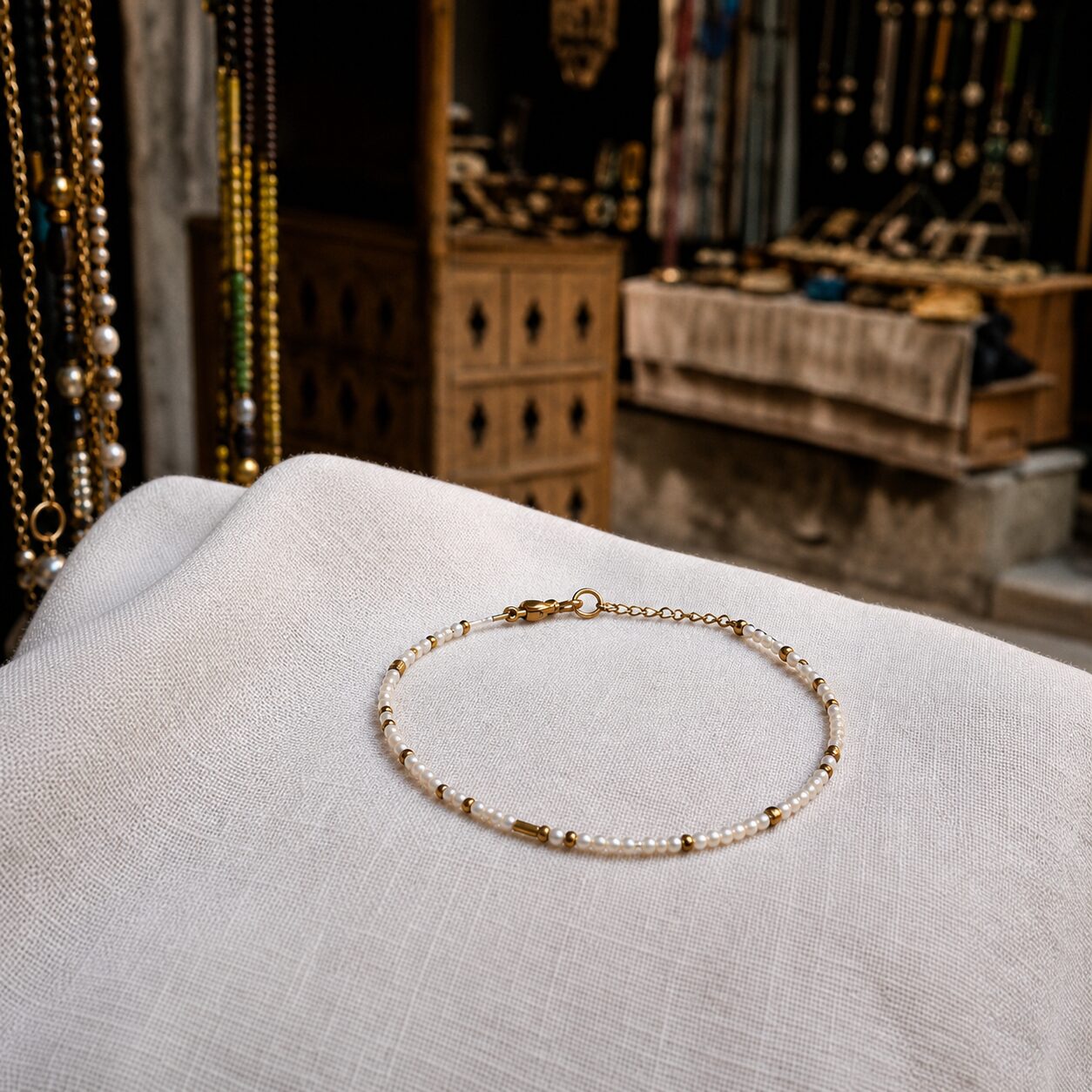 Oval of small beads set off-centre in a square frame