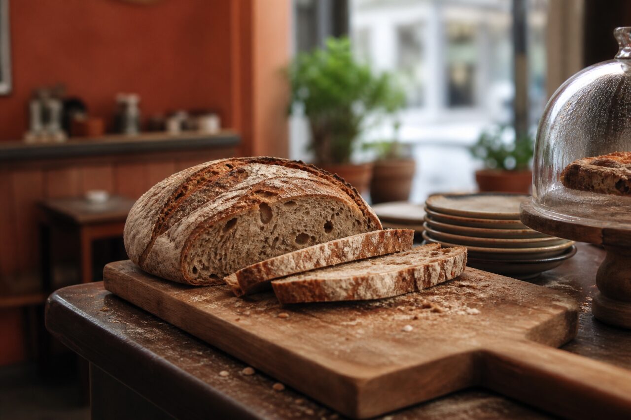 Aangesneden rond brood met twee sneden op plank met handvat
