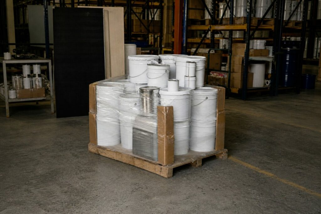 Pallet di secchi bianchi al centro di un magazzino attrezzato