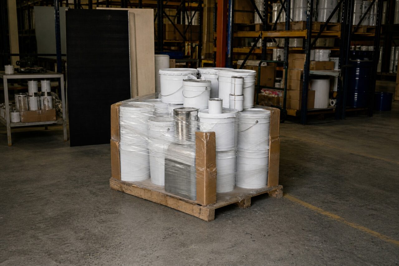 Pallet met witte emmers midden in een ingerichte opslagruimte