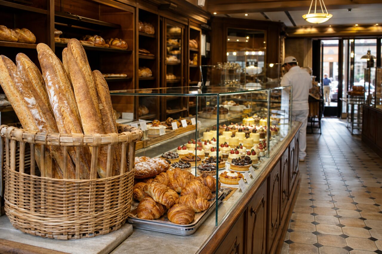 Gran cesta de baguettes y cruasanes junto a un largo mostrador acristalado