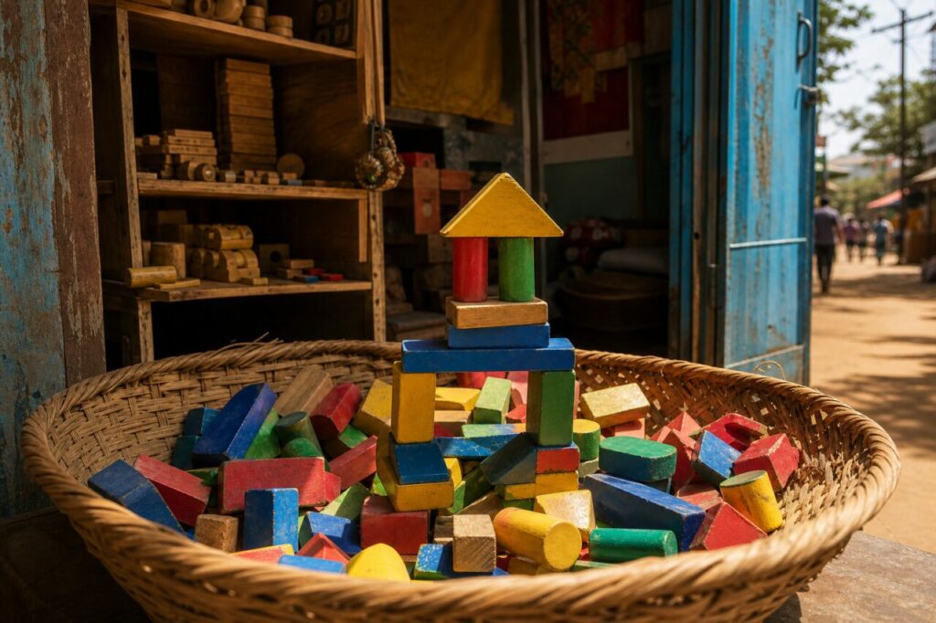 Panier de blocs de bois devant une boutique ouverte