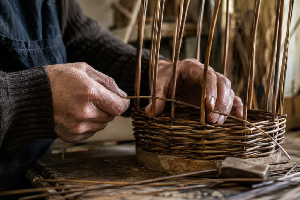 Panier en cours de tressage avec brins souples et maillet sur la table
