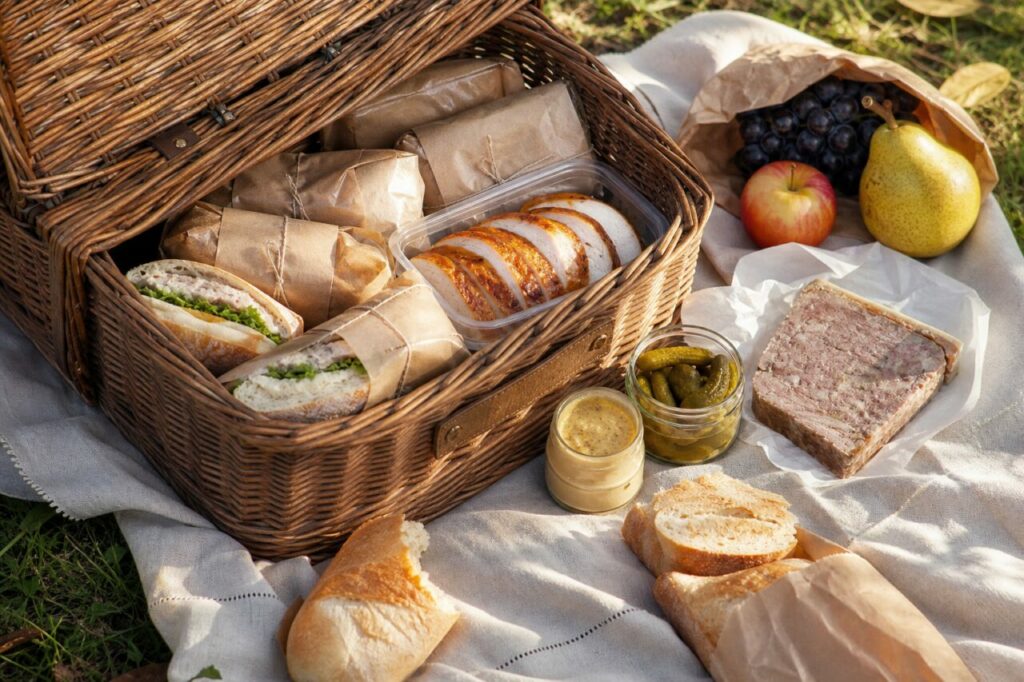 Panier pique-nique avec sandwichs, terrine et fruits