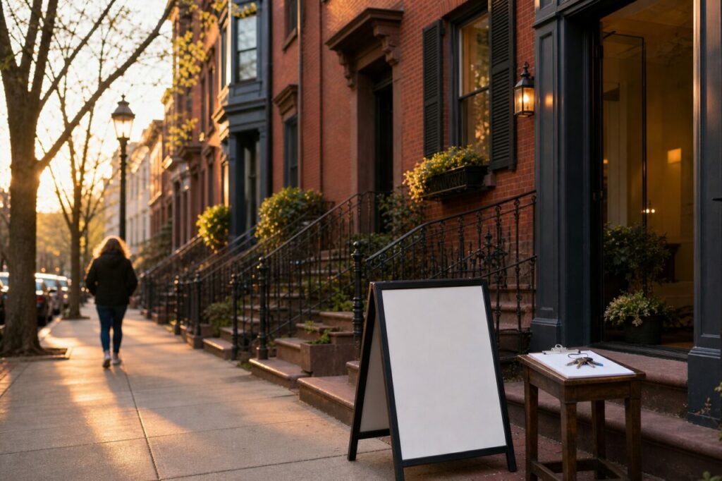 Immobilientafel und Schlüssel vor einem Bostoner Reihenhaus im Abendlicht