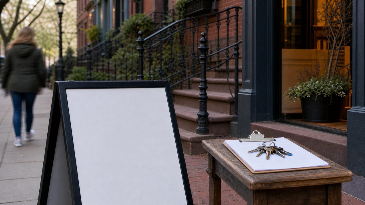 Panneau de visite et clés devant une maison en brique de Boston