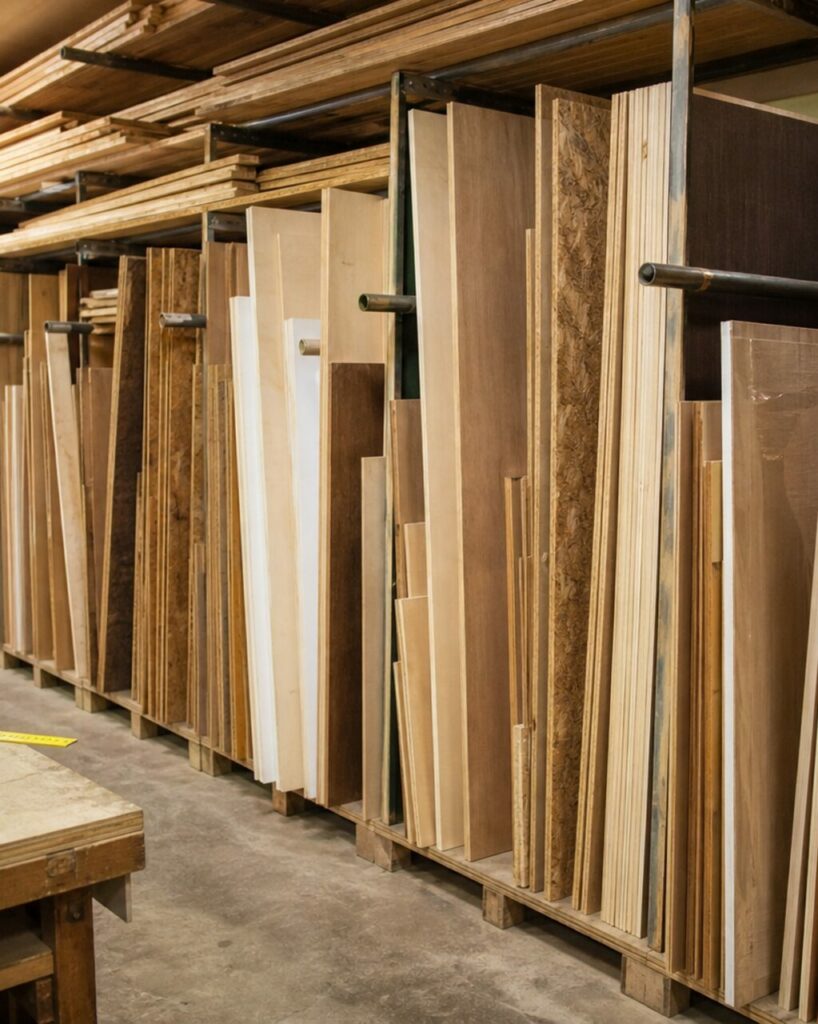 Panneaux de bois dressés dans un rayonnage de bricolage