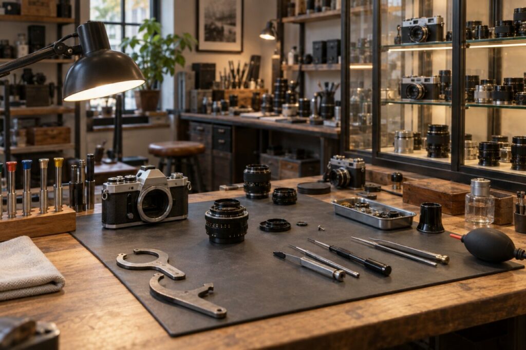 Panorama: Atelier de réparation d’caméras avec établis et vitrines