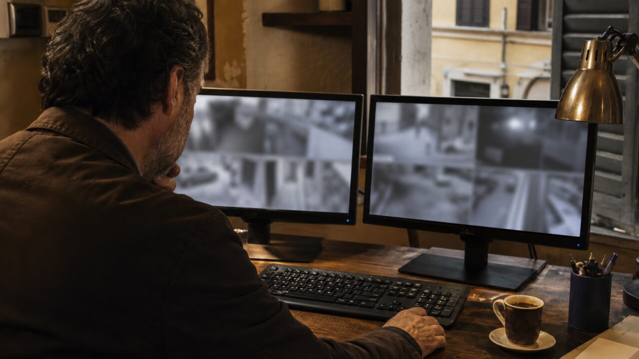 Panorama della scrivania con due monitor e lampada dorata