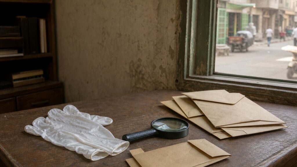 Panorama of gloves, magnifier and envelopes by a window