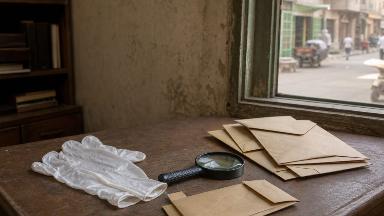 Panorama of gloves, magnifier and envelopes by a window