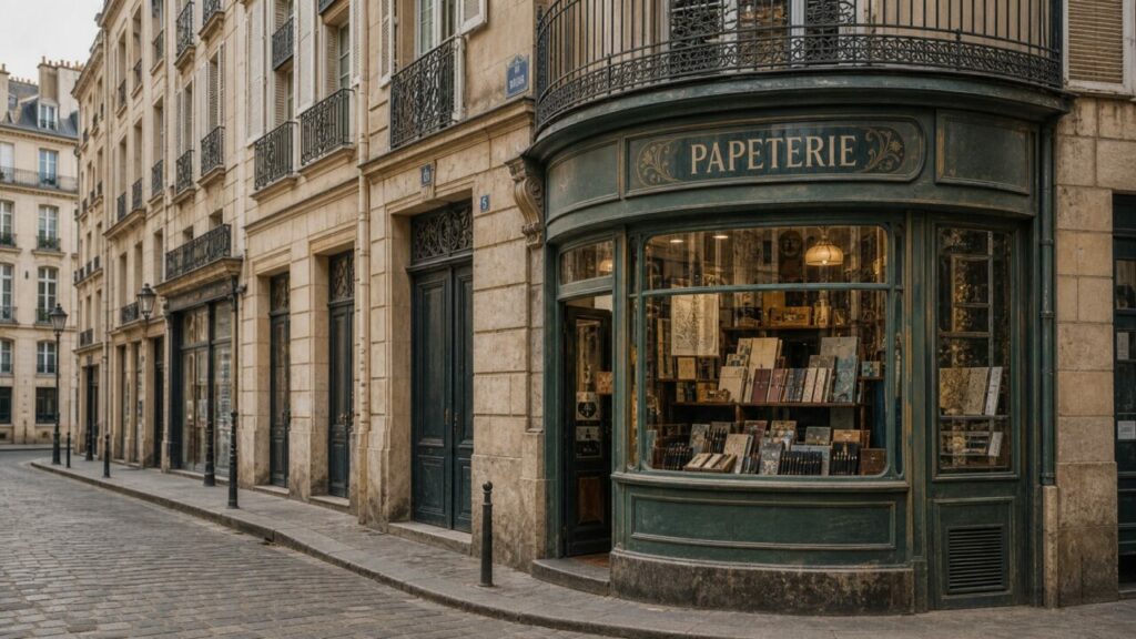 Papeterie ancienne à Nancy, façade arrondie et rue pavée