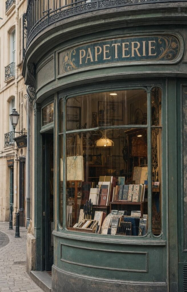 Papeterie ancienne à Nancy, vitrine vert-de-gris et carnets illustrés