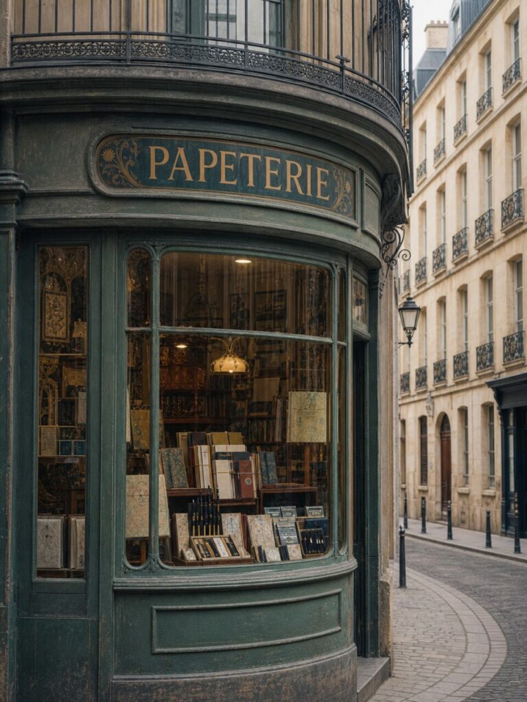 Papeterie ancienne de Troyes dans une rue aux façades claires