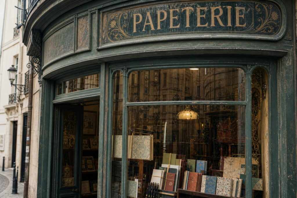 Papeterie de Nancy, enseigne ancienne et carnets dans une vitrine
