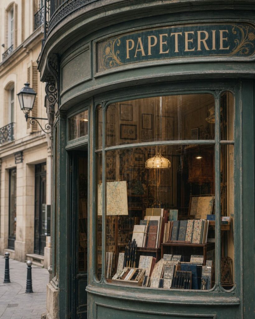 Papeterie ancienne de Nancy, vitrine de carnets sous une lampe dorée