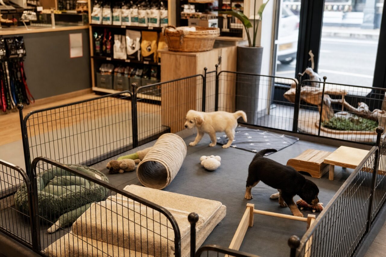 Parque interior para cachorros con juegos y camas en una tienda de mascotas