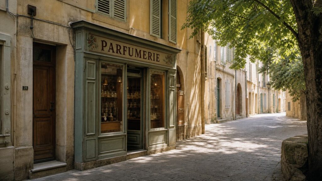 Parfumerie ancienne à Aix-en-Provence, enseigne rouge et flacons derrière une vitrine vert sauge