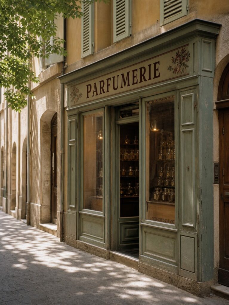Parfumerie historique d’Aix-en-Provence, façade vert sauge et flacons dans une rue lumineuse