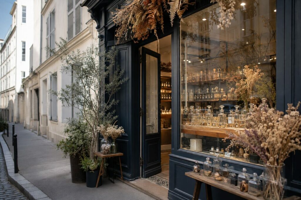 Devanture noire de parfumerie artisanale, flacons et bouquets secs dans la vitrine