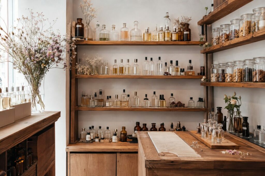 Étagères de parfumerie avec flacons, bocaux botaniques et comptoir en bois