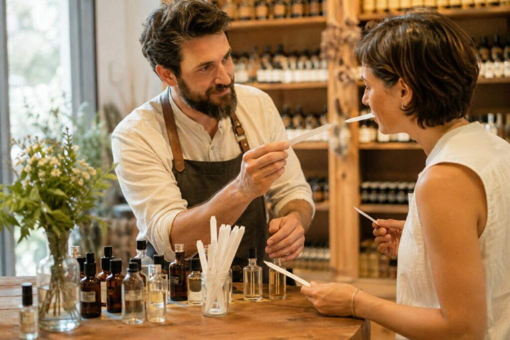 Créateur de parfums et cliente avec bandelettes d’essai au comptoir