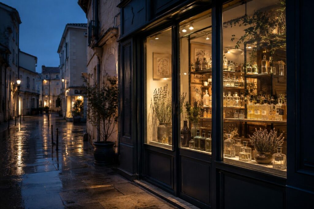Vitrine de parfumerie éclairée à l’heure bleue sous la pluie