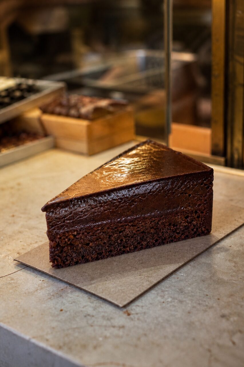 Primo piano verticale di una fetta di torta Sacher glassata