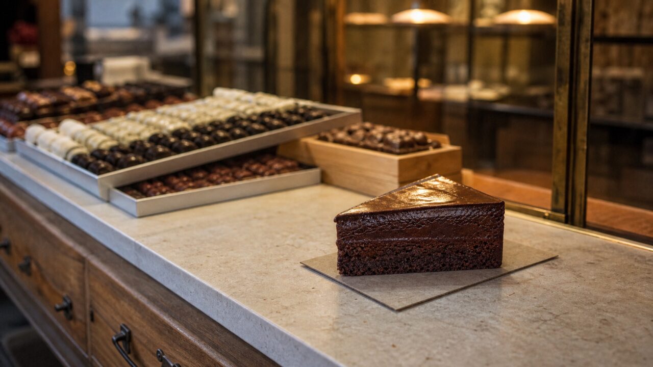 Sachertortenstück in der Auslage einer Chocolaterie