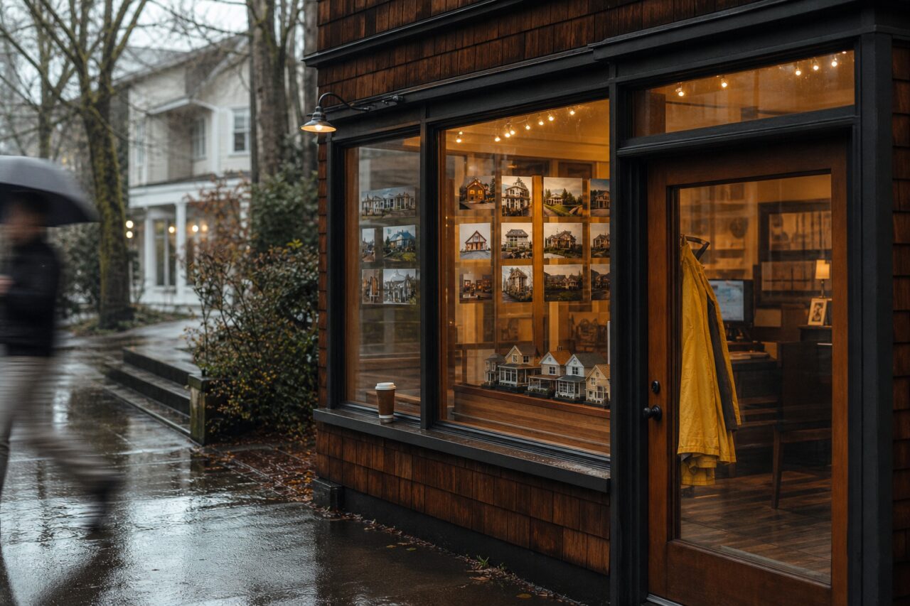 Blurred passerby outside a lit Seattle property office