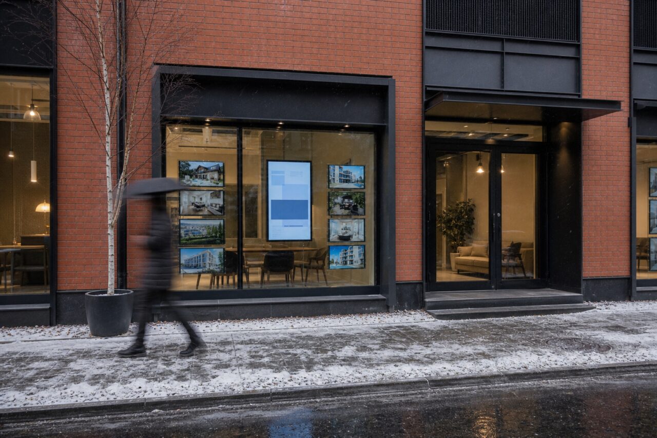 Peatón desenfocado ante una agencia inmobiliaria nevada de Varsovia