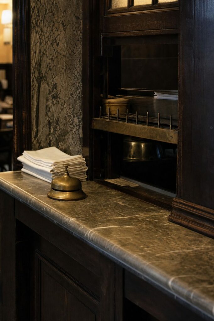 Passe-plat vertical en bois sombre avec sonnette au comptoir