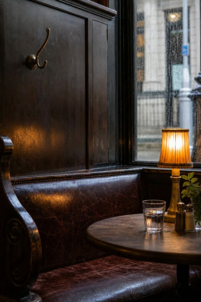 Patère courbe au-dessus d’une banquette près d’une lampe