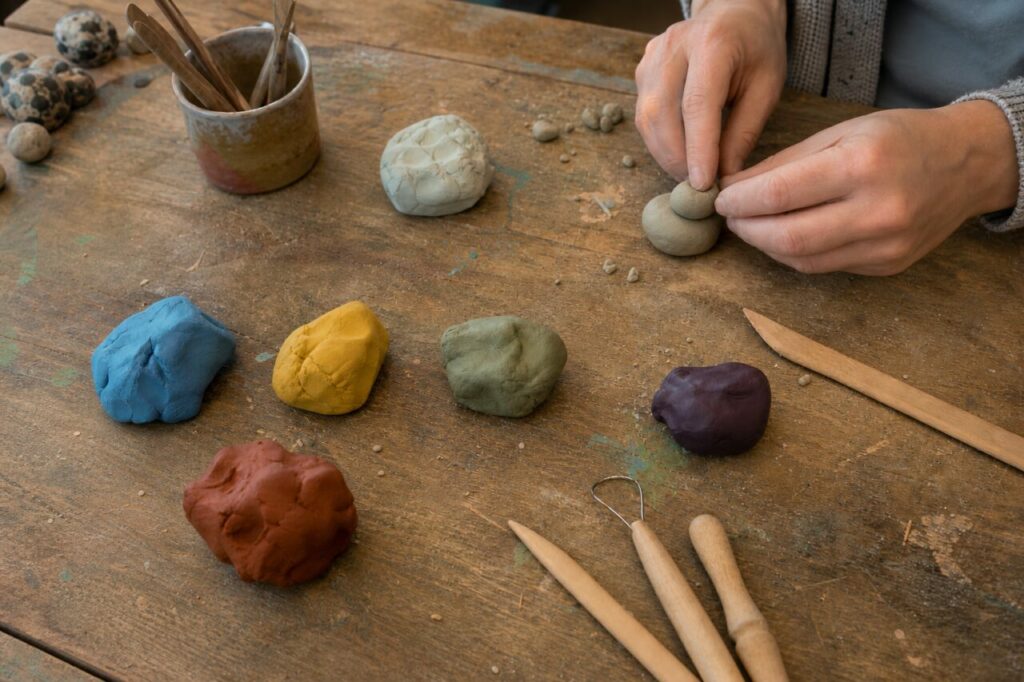 Pâtes colorées et outils de modelage vus du dessus