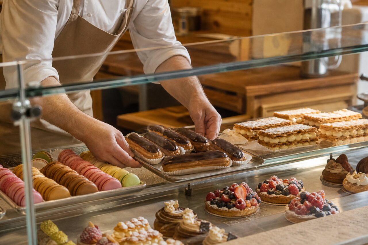 Pasticciere dispone éclair al cioccolato dietro una vetrina assortita