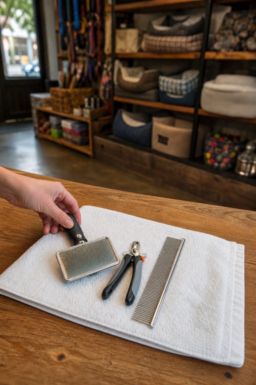 Fine comb and care tools on a towel