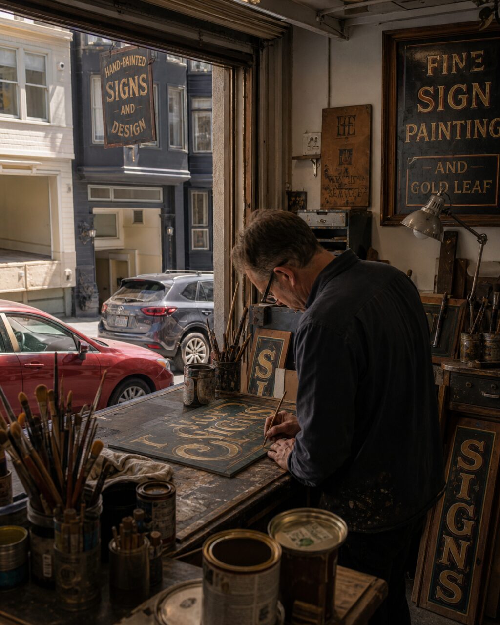 Schilder van letters aan het werk in een open bordenatelier in San Francisco