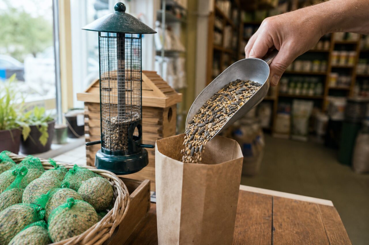 Pala llenando una bolsa de semillas para aves