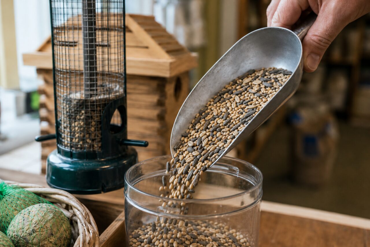 Schep met vogelzaadmengsel bij een voederhuisje