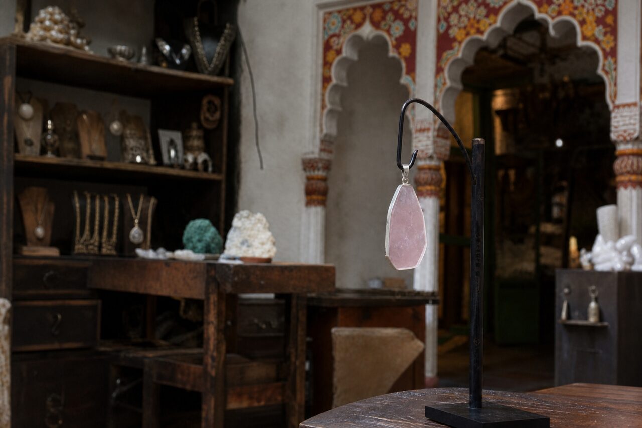 Roze hanger in een atelier in Jaipur